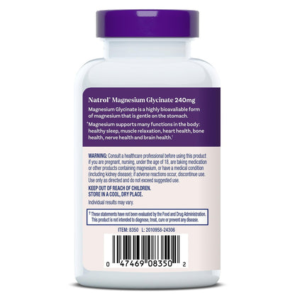 Natrol Magnesium Glycinate 240 mg – Hochabsorbierendes Magnesium für Ruhe und Schlaf – 60 Kapseln, 30 Tage