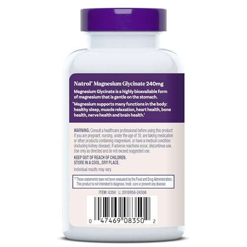 Natrol Magnesium Glycinate 240 mg – Hochabsorbierendes Magnesium für Ruhe und Schlaf – 60 Kapseln, 30 Tage