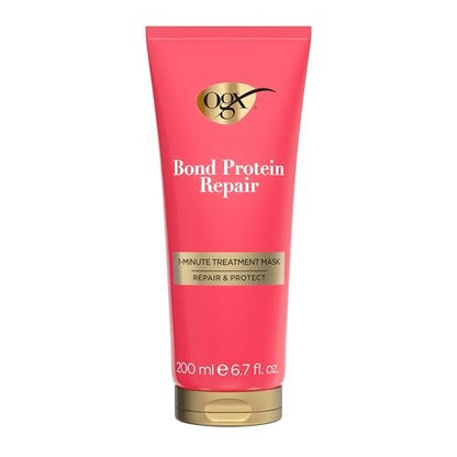 OGX Repair & Protect Bond Protein Repair 1-Minuten-Treatment-Maske – Tiefenwirksame Haarmaske für geschädigtes Haar, repariert schnell für glänzendes, glattes Haar, das zwischen den Haarwäschen anhält, 200 ml