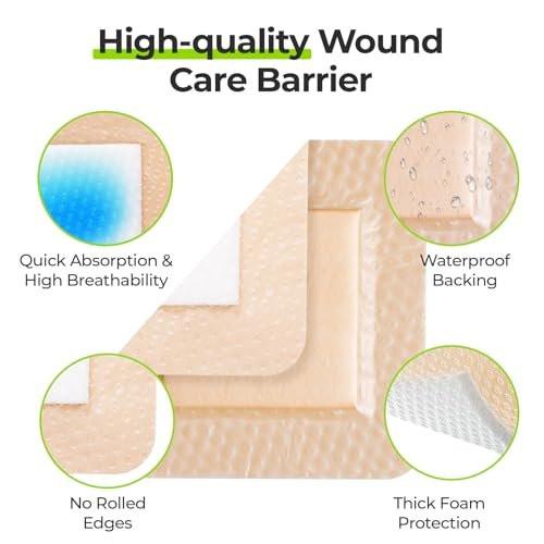 AUVON Silikon-Schaumstoffverband mit großem Kleberand, 7,6 x 7,6 cm, 10 Stück, Wundverband mit hoher Saugfähigkeit, wasserdichte Silikon-Schaumstoffpads zur Wundversorgung und Polsterung