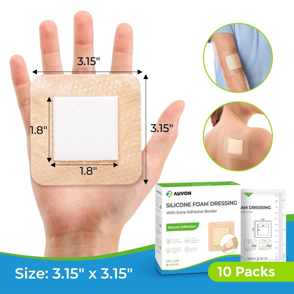 AUVON Silikon-Schaumstoffverband mit großem Kleberand, 7,6 x 7,6 cm, 10 Stück, Wundverband mit hoher Saugfähigkeit, wasserdichte Silikon-Schaumstoffpads zur Wundversorgung und Polsterung