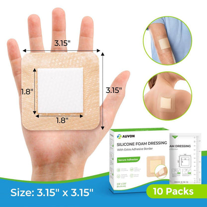 AUVON Silikon-Schaumstoffverband mit großem Kleberand, 7,6 x 7,6 cm, 10 Stück, Wundverband mit hoher Saugfähigkeit, wasserdichte Silikon-Schaumstoffpads zur Wundversorgung und Polsterung
