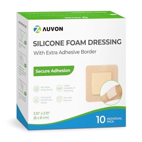 AUVON Silikon-Schaumstoffverband mit großem Kleberand, 7,6 x 7,6 cm, 10 Stück, Wundverband mit hoher Saugfähigkeit, wasserdichte Silikon-Schaumstoffpads zur Wundversorgung und Polsterung