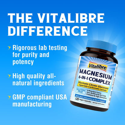 Vitalibre 6-in-1 Magnesium Komplex für Frauen und Männer – 260 mg elementares Magnesium, maximale Absorption, chelatisiertes Magnesium für Knochen, Entspannung und Nervenunterstützung – Non-GMO, 120 vegane Kapseln