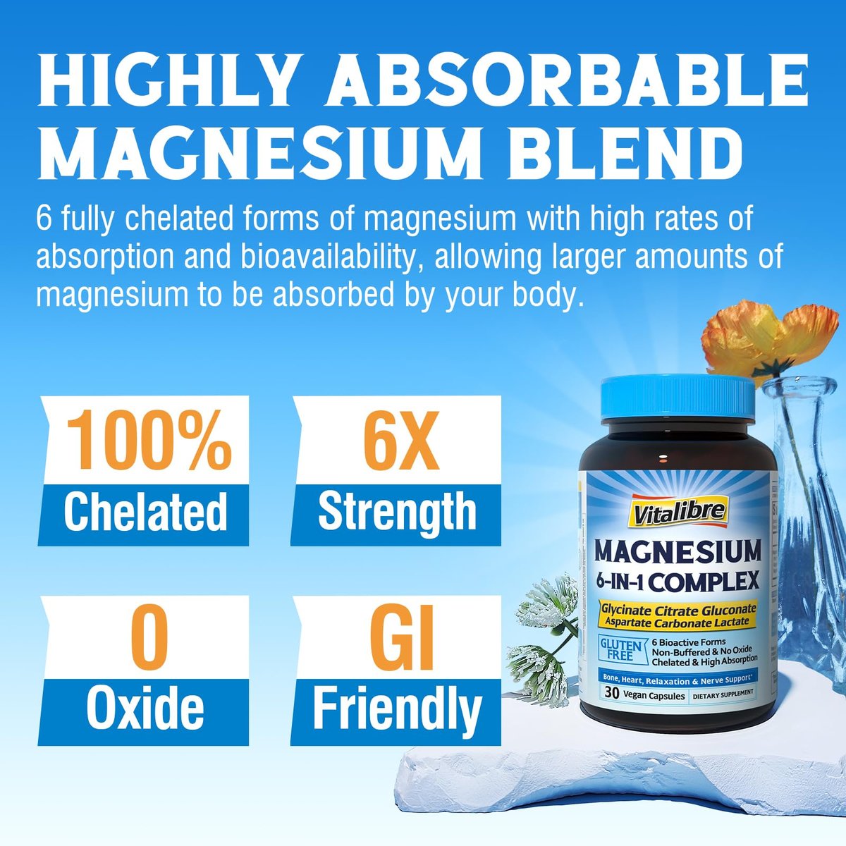 Vitalibre 6-in-1 Magnesium Komplex für Frauen und Männer – 260 mg elementares Magnesium, maximale Absorption, chelatisiertes Magnesium für Knochen, Entspannung und Nervenunterstützung – Non-GMO, 120 vegane Kapseln