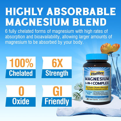 Vitalibre 6-in-1 Magnesium Komplex für Frauen und Männer – 260 mg elementares Magnesium, maximale Absorption, chelatisiertes Magnesium für Knochen, Entspannung und Nervenunterstützung – Non-GMO, 120 vegane Kapseln