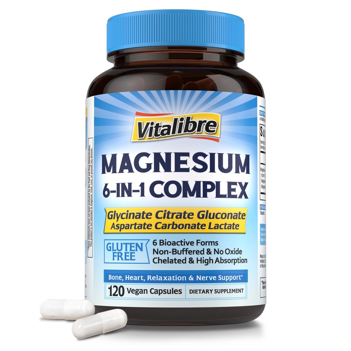 Vitalibre 6-in-1 Magnesium Komplex für Frauen und Männer – 260 mg elementares Magnesium, maximale Absorption, chelatisiertes Magnesium für Knochen, Entspannung und Nervenunterstützung – Non-GMO, 120 vegane Kapseln