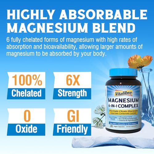 Vitalibre 6-in-1 Magnesium Komplex für Frauen und Männer – 260 mg elementares Magnesium, maximale Absorption, chelatisiertes Magnesium für Knochen, Entspannung und Nervenunterstützung – Non-GMO, 120 vegane Kapseln