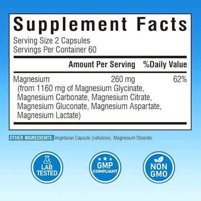 Vitalibre 6-in-1 Magnesium Komplex für Frauen und Männer – 260 mg elementares Magnesium, maximale Absorption, chelatisiertes Magnesium für Knochen, Entspannung und Nervenunterstützung – Non-GMO, 120 vegane Kapseln