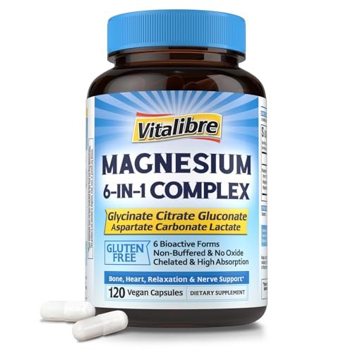 Vitalibre 6-in-1 Magnesium Komplex für Frauen und Männer – 260 mg elementares Magnesium, maximale Absorption, chelatisiertes Magnesium für Knochen, Entspannung und Nervenunterstützung – Non-GMO, 120 vegane Kapseln