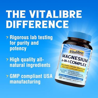 Vitalibre 6-in-1 Magnesium Komplex für Frauen und Männer – 260 mg elementares Magnesium, maximale Absorption, chelatisiertes Magnesium für Knochen, Entspannung und Nervenunterstützung – Non-GMO, 120 vegane Kapseln