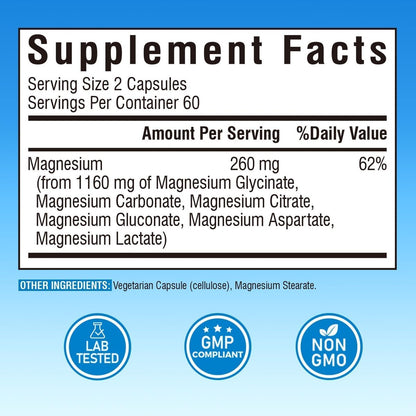 Vitalibre 6-in-1 Magnesium Komplex für Frauen und Männer – 260 mg elementares Magnesium, maximale Absorption, chelatisiertes Magnesium für Knochen, Entspannung und Nervenunterstützung – Non-GMO, 120 vegane Kapseln
