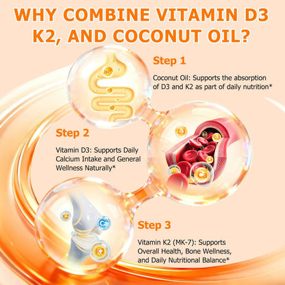 newseel Vitamin D3 K2 Kapseln, D3&K2 Vitamin Ergänzung, Vitamin D3 und K2, D3 Supplement, Kokosöl Weichkapseln (120)