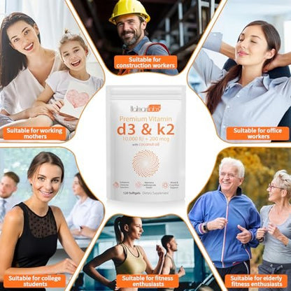 MXCZBSM Vitamin D3 K2 Softgel – 2er Pack mit 120 Kapseln, 10000 IE D3 + K2, unterstützt Immunsystem, Herz, Zähne & Knochen, ohne GVO, Gluten, Soja