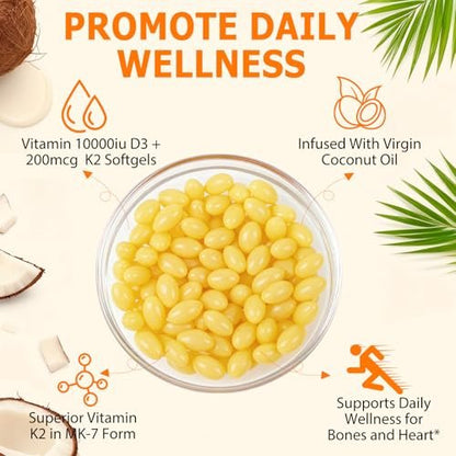 newseel Vitamin D3 K2 Kapseln, D3&K2 Vitamin Ergänzung, Vitamin D3 und K2, D3 Supplement, Kokosöl Weichkapseln (120)