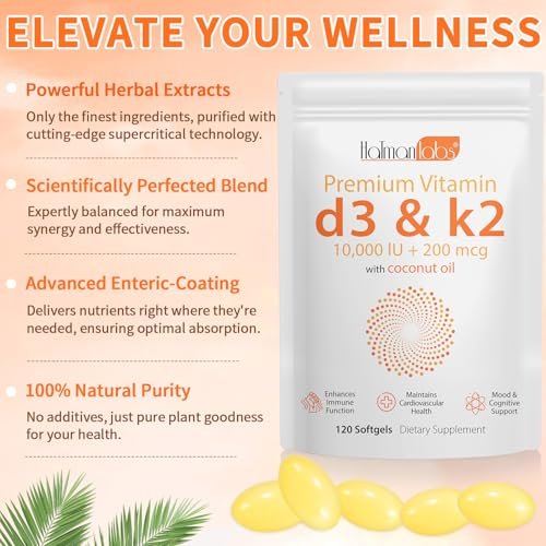 newseel Vitamin D3 K2 Kapseln, D3&K2 Vitamin Ergänzung, Vitamin D3 und K2, D3 Supplement, Kokosöl Weichkapseln (120)