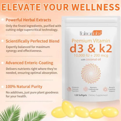 newseel Vitamin D3 K2 Kapseln, D3&K2 Vitamin Ergänzung, Vitamin D3 und K2, D3 Supplement, Kokosöl Weichkapseln (120)