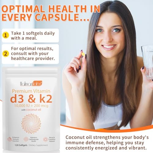 newseel Vitamin D3 K2 Kapseln, D3&K2 Vitamin Ergänzung, Vitamin D3 und K2, D3 Supplement, Kokosöl Weichkapseln (120)