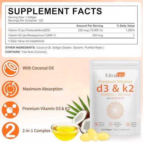 newseel Vitamin D3 K2 Kapseln, D3&K2 Vitamin Ergänzung, Vitamin D3 und K2, D3 Supplement, Kokosöl Weichkapseln (120)
