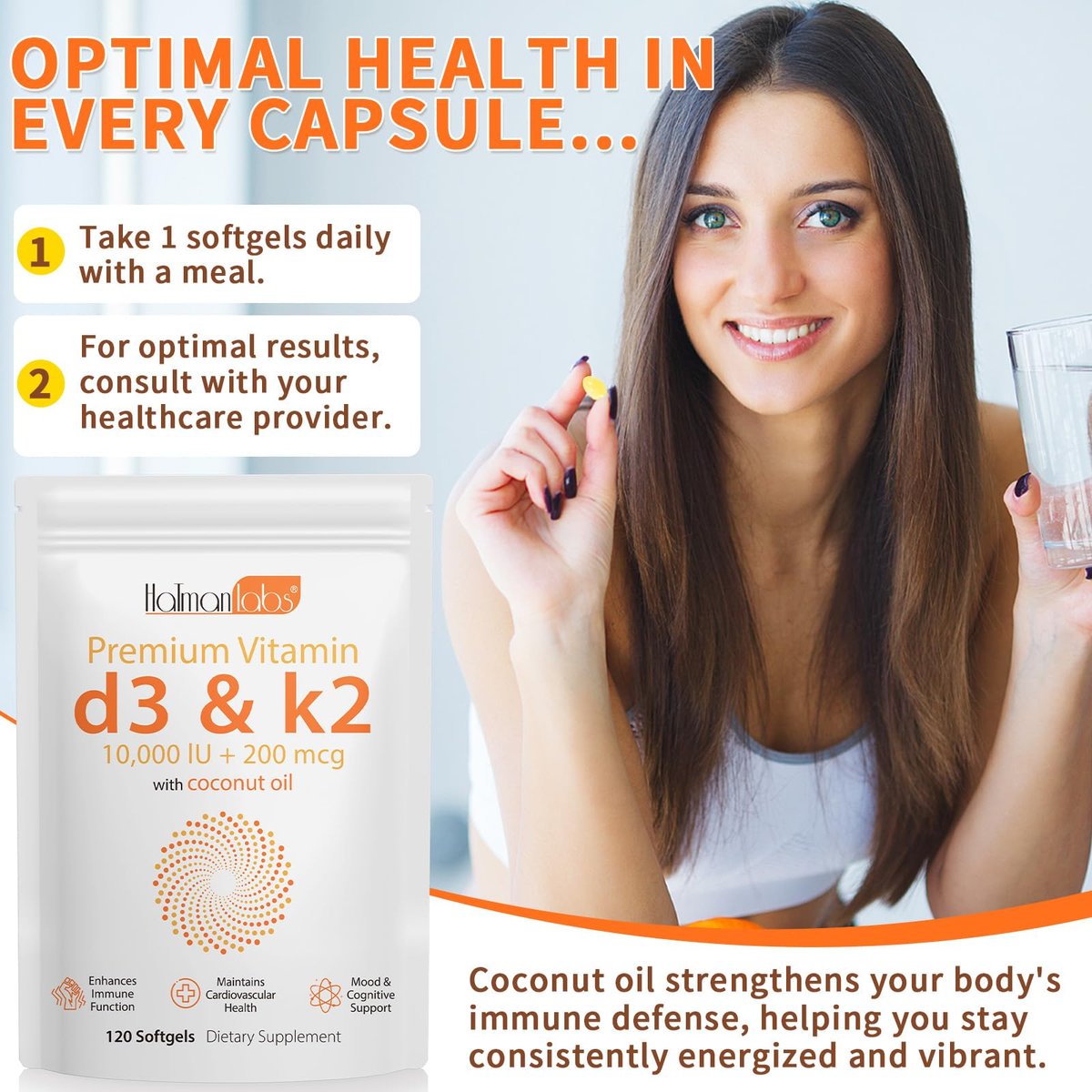 newseel Vitamin D3 K2 Kapseln, D3&K2 Vitamin Ergänzung, Vitamin D3 und K2, D3 Supplement, Kokosöl Weichkapseln (120)