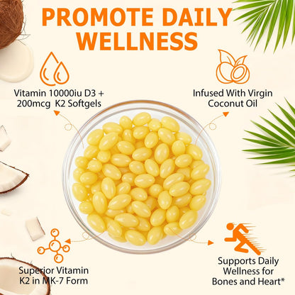 newseel Vitamin D3 K2 Kapseln, D3&K2 Vitamin Ergänzung, Vitamin D3 und K2, D3 Supplement, Kokosöl Weichkapseln (120)