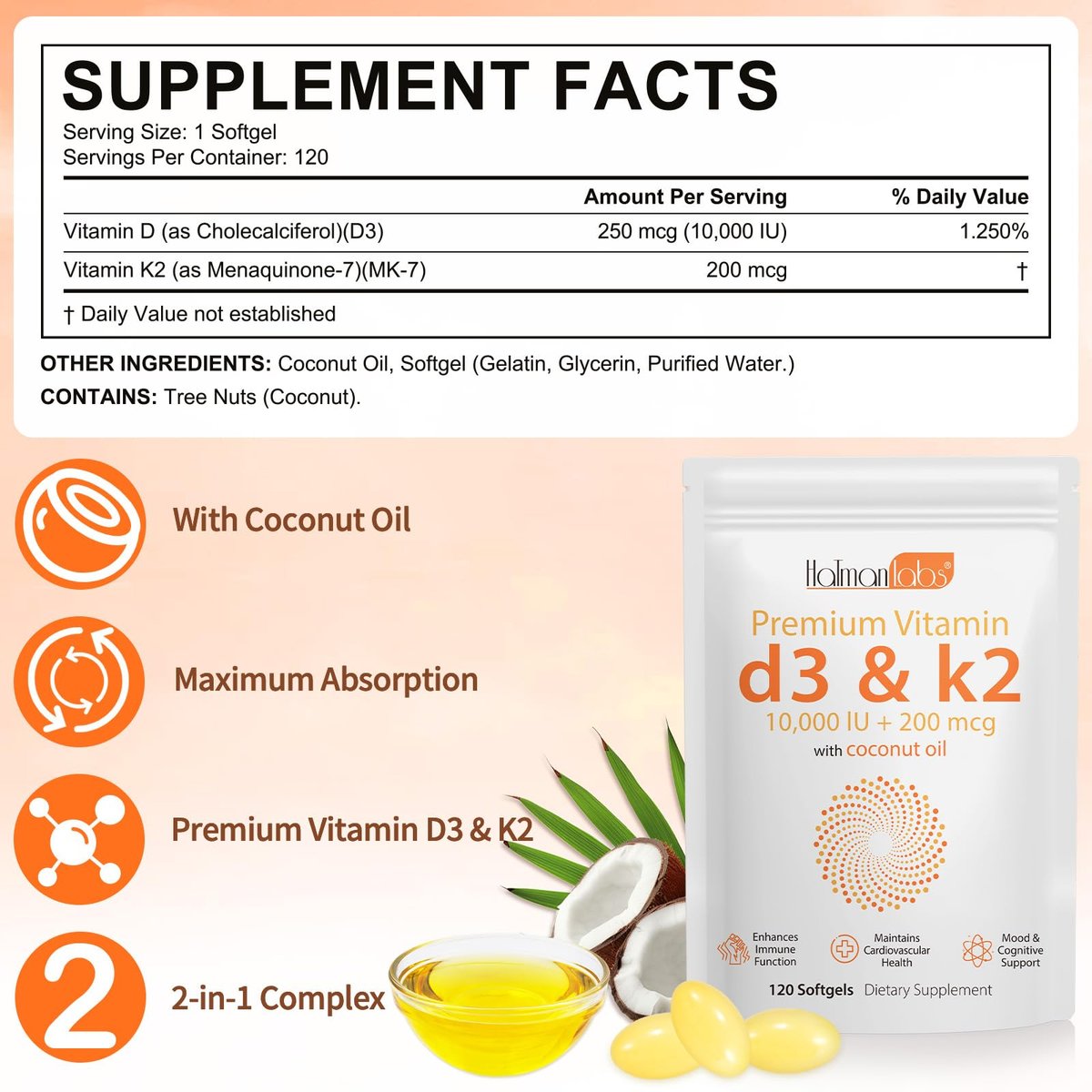 newseel Vitamin D3 K2 Kapseln, D3&K2 Vitamin Ergänzung, Vitamin D3 und K2, D3 Supplement, Kokosöl Weichkapseln (120)