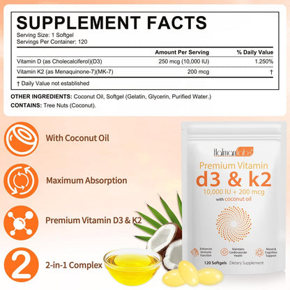 newseel Vitamin D3 K2 Kapseln, D3&K2 Vitamin Ergänzung, Vitamin D3 und K2, D3 Supplement, Kokosöl Weichkapseln (120)