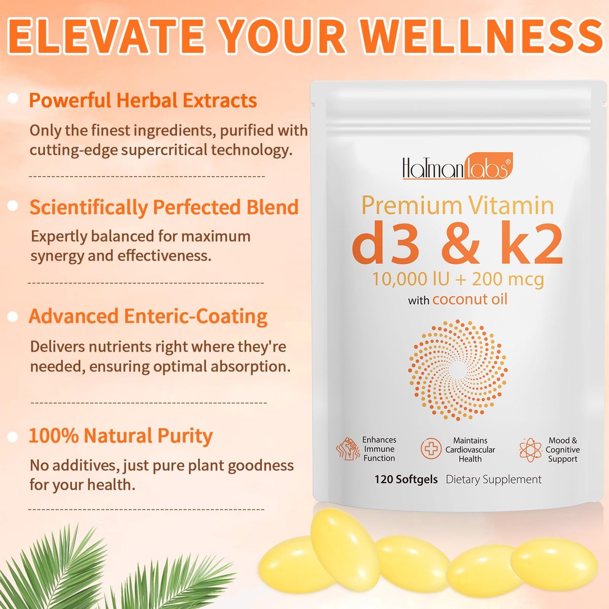 newseel Vitamin D3 K2 Kapseln, D3&K2 Vitamin Ergänzung, Vitamin D3 und K2, D3 Supplement, Kokosöl Weichkapseln (120)