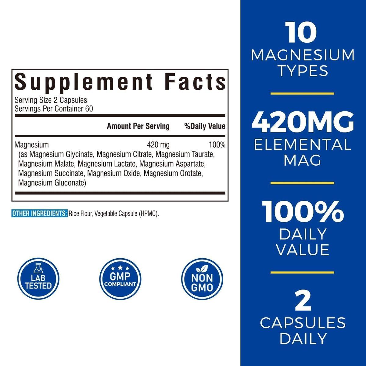 Vitalibre 10-in-1 Magnesium-Komplex, 420 mg elementares Magnesium | Ultra-Stärke, maximale Absorption | Chelat-Magnesium-Präparat für Nerven, Knochen & Herzgesundheit | Nicht-GVO, 120 vegane Kapseln