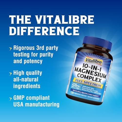 Vitalibre 10-in-1 Magnesium-Komplex, 420 mg elementares Magnesium | Ultra-Stärke, maximale Absorption | Chelat-Magnesium-Präparat für Nerven, Knochen & Herzgesundheit | Nicht-GVO, 120 vegane Kapseln