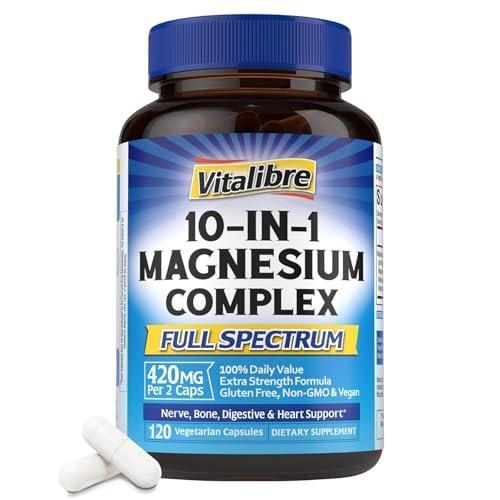 Vitalibre 10-in-1 Magnesium-Komplex, 420 mg elementares Magnesium | Ultra-Stärke, maximale Absorption | Chelat-Magnesium-Präparat für Nerven, Knochen & Herzgesundheit | Nicht-GVO, 120 vegane Kapseln