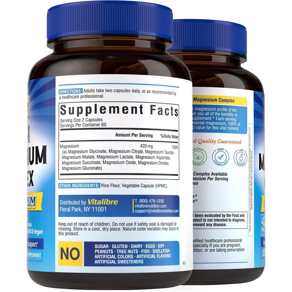 Vitalibre 10-in-1 Magnesium-Komplex, 420 mg elementares Magnesium | Ultra-Stärke, maximale Absorption | Chelat-Magnesium-Präparat für Nerven, Knochen & Herzgesundheit | Nicht-GVO, 120 vegane Kapseln