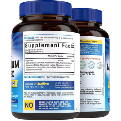 Vitalibre 10-in-1 Magnesium-Komplex, 420 mg elementares Magnesium | Ultra-Stärke, maximale Absorption | Chelat-Magnesium-Präparat für Nerven, Knochen & Herzgesundheit | Nicht-GVO, 120 vegane Kapseln