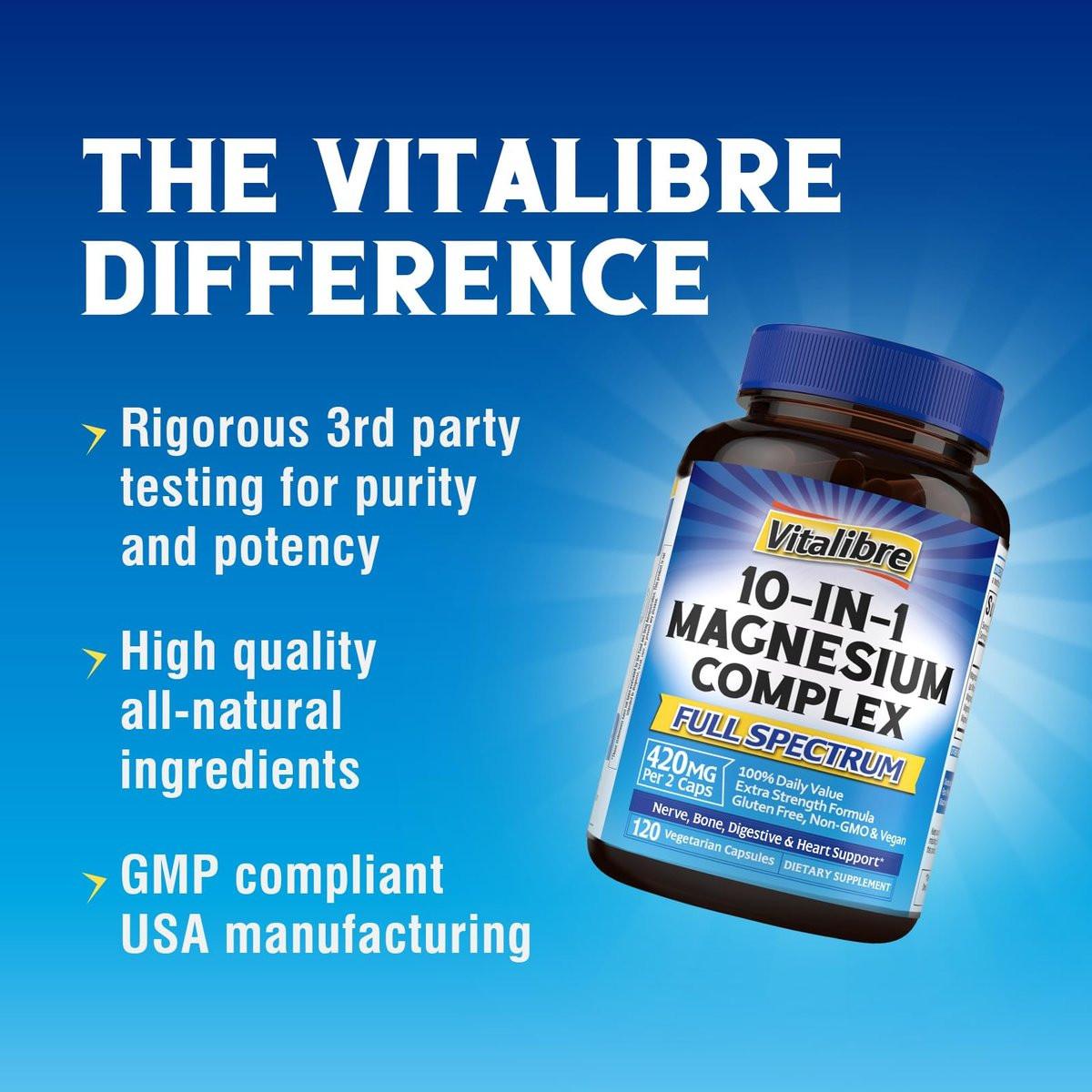 Vitalibre 10-in-1 Magnesium-Komplex, 420 mg elementares Magnesium | Ultra-Stärke, maximale Absorption | Chelat-Magnesium-Präparat für Nerven, Knochen & Herzgesundheit | Nicht-GVO, 120 vegane Kapseln