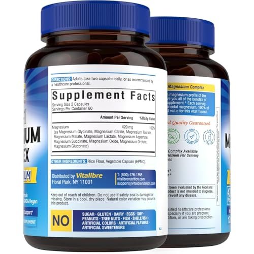 Vitalibre 10-in-1 Magnesium Komplex, 420 mg Elementares Magnesium | Höchste Stärke, Maximale Absorption | Chelat-Magnesium für Nerven-, Knochen- & Herzgesundheit | Nicht-GVO, 240 Vegane Kapseln