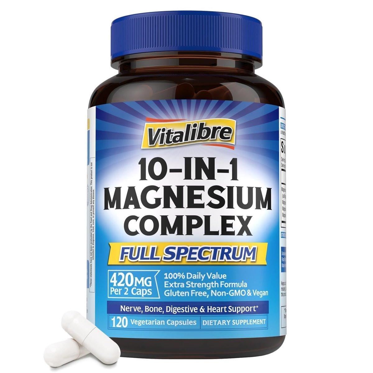 Vitalibre 10-in-1 Magnesium-Komplex, 420 mg elementares Magnesium | Ultra-Stärke, maximale Absorption | Chelat-Magnesium-Präparat für Nerven, Knochen & Herzgesundheit | Nicht-GVO, 120 vegane Kapseln