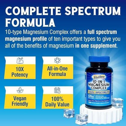 Vitalibre 10-in-1 Magnesium-Komplex, 420 mg elementares Magnesium | Ultra-Stärke, maximale Absorption | Chelat-Magnesium-Präparat für Nerven, Knochen & Herzgesundheit | Nicht-GVO, 120 vegane Kapseln