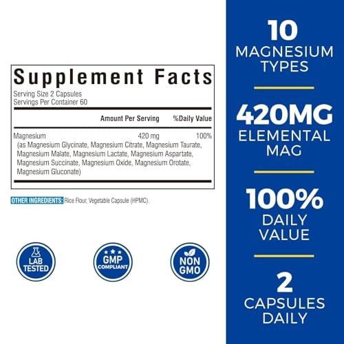 Vitalibre 10-in-1 Magnesium-Komplex, 420 mg elementares Magnesium | Ultra-Stärke, maximale Absorption | Chelat-Magnesium-Präparat für Nerven, Knochen & Herzgesundheit | Nicht-GVO, 120 vegane Kapseln