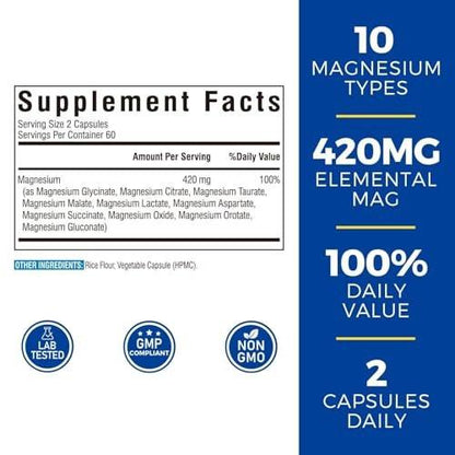 Vitalibre 10-in-1 Magnesium-Komplex, 420 mg elementares Magnesium | Ultra-Stärke, maximale Absorption | Chelat-Magnesium-Präparat für Nerven, Knochen & Herzgesundheit | Nicht-GVO, 120 vegane Kapseln