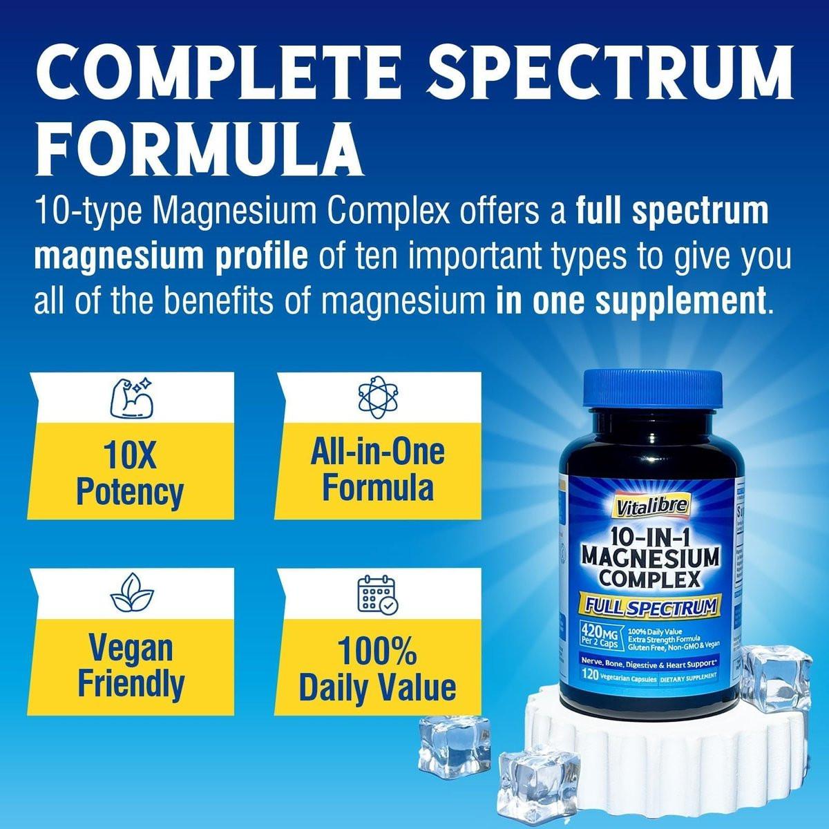 Vitalibre 10-in-1 Magnesium-Komplex, 420 mg elementares Magnesium | Ultra-Stärke, maximale Absorption | Chelat-Magnesium-Präparat für Nerven, Knochen & Herzgesundheit | Nicht-GVO, 120 vegane Kapseln