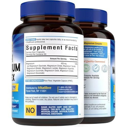 Vitalibre 10-in-1 Magnesium Komplex, 420 mg Elementares Magnesium | Höchste Stärke, Maximale Absorption | Chelat-Magnesium für Nerven-, Knochen- & Herzgesundheit | Nicht-GVO, 240 Vegane Kapseln