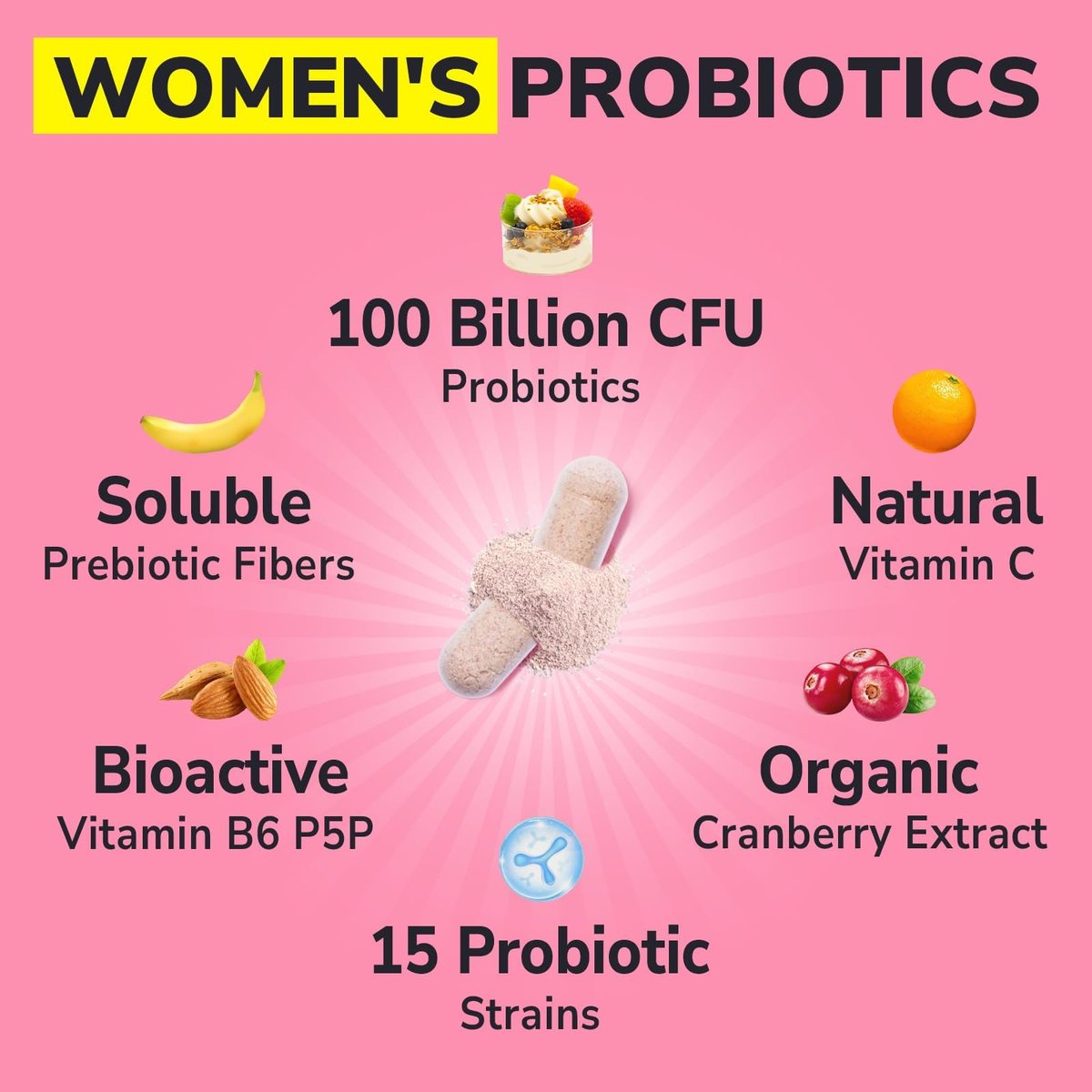 Vitalibre Probiotika für Frauen 100 Milliarden KBE 15 Stämme, Tägliches Probiotikum & Präbiotikum mit Organischer Cranberry zur Unterstützung der Vaginal-, Verdauungs- und Immungesundheit, Haltbar, 30 Vegane Kapseln