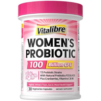 Vitalibre Probiotika für Frauen 100 Milliarden KBE 15 Stämme, Tägliches Probiotikum & Präbiotikum mit Organischer Cranberry zur Unterstützung der Vaginal-, Verdauungs- und Immungesundheit, Haltbar, 30 Vegane Kapseln