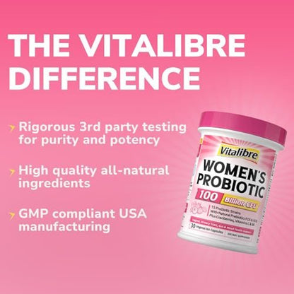 Vitalibre Probiotika für Frauen 100 Milliarden KBE 15 Stämme, Tägliches Probiotikum & Präbiotikum mit Organischer Cranberry zur Unterstützung der Vaginal-, Verdauungs- und Immungesundheit, Haltbar, 30 Vegane Kapseln