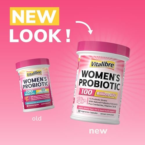 Vitalibre Probiotika für Frauen 100 Milliarden KBE 15 Stämme, Tägliches Probiotikum & Präbiotikum mit Organischer Cranberry zur Unterstützung der Vaginal-, Verdauungs- und Immungesundheit, Haltbar, 30 Vegane Kapseln