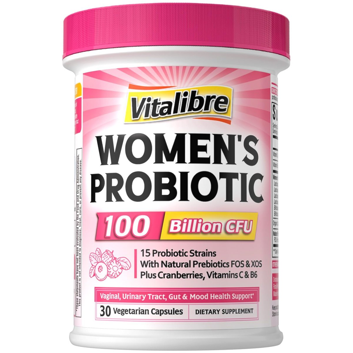 Vitalibre Probiotika für Frauen 100 Milliarden KBE 15 Stämme, Tägliches Probiotikum & Präbiotikum mit Organischer Cranberry zur Unterstützung der Vaginal-, Verdauungs- und Immungesundheit, Haltbar, 30 Vegane Kapseln