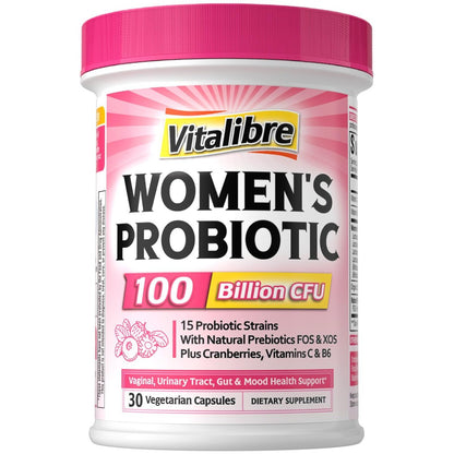 Vitalibre Probiotika für Frauen 100 Milliarden KBE 15 Stämme, Tägliches Probiotikum & Präbiotikum mit Organischer Cranberry zur Unterstützung der Vaginal-, Verdauungs- und Immungesundheit, Haltbar, 30 Vegane Kapseln