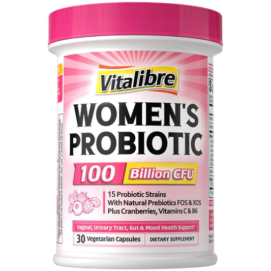 Vitalibre Probiotika für Frauen 100 Milliarden KBE 15 Stämme, Tägliches Probiotikum & Präbiotikum mit Organischer Cranberry zur Unterstützung der Vaginal-, Verdauungs- und Immungesundheit, Haltbar, 30 Vegane Kapseln