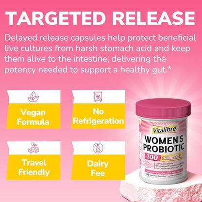 Vitalibre Probiotika für Frauen 100 Milliarden KBE 15 Stämme, Tägliches Probiotikum & Präbiotikum mit Organischer Cranberry zur Unterstützung der Vaginal-, Verdauungs- und Immungesundheit, Haltbar, 30 Vegane Kapseln