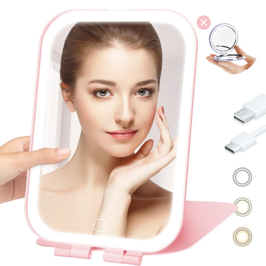 Koolstuffs Reise-Spiegel mit Licht, wiederaufladbarer tragbarer Make-up-Spiegel mit Akkubetrieb, 3 LED-Lichtfarben, dimmbarer Touchscreen-Vanity-Spiegel